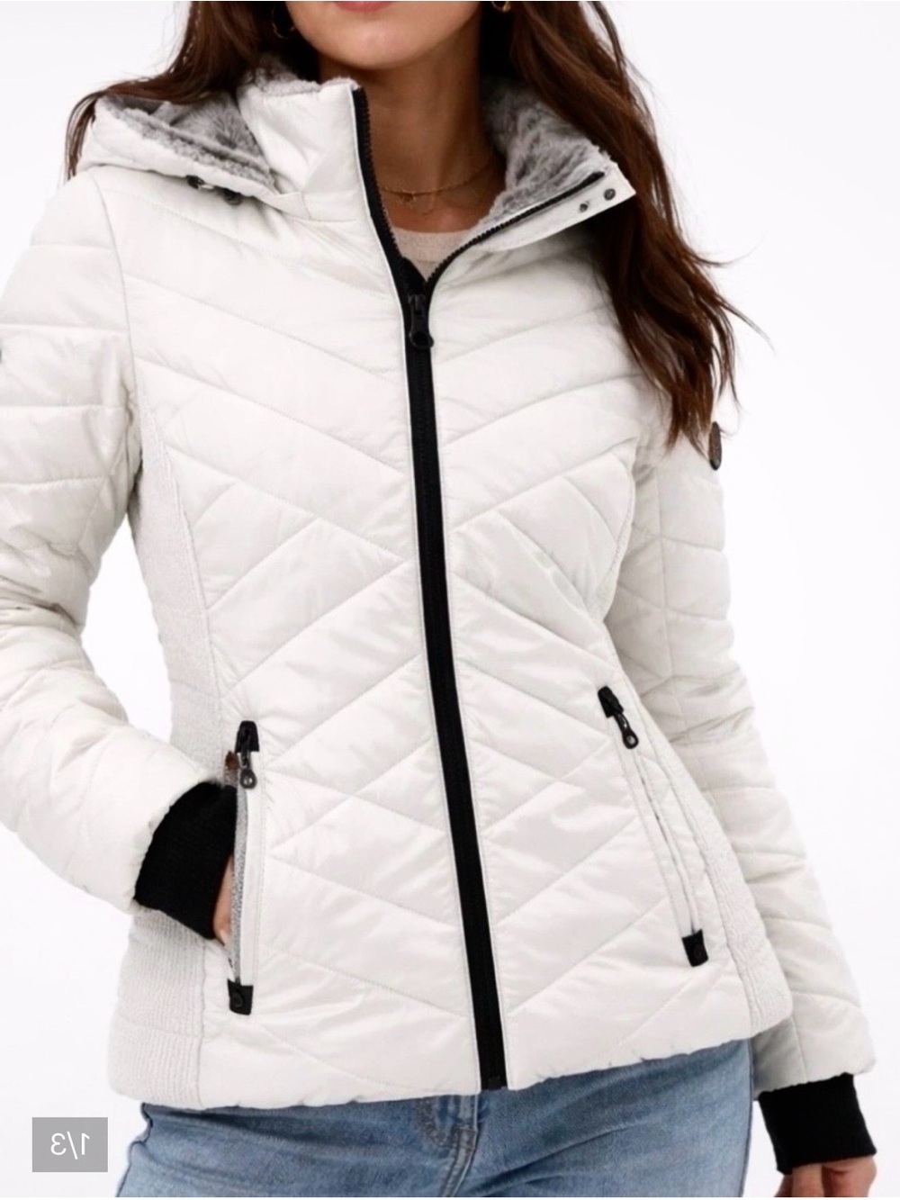 Nautica Quilted Puffer Jacket Faux Fur Trim Removable Hood Water Resistant